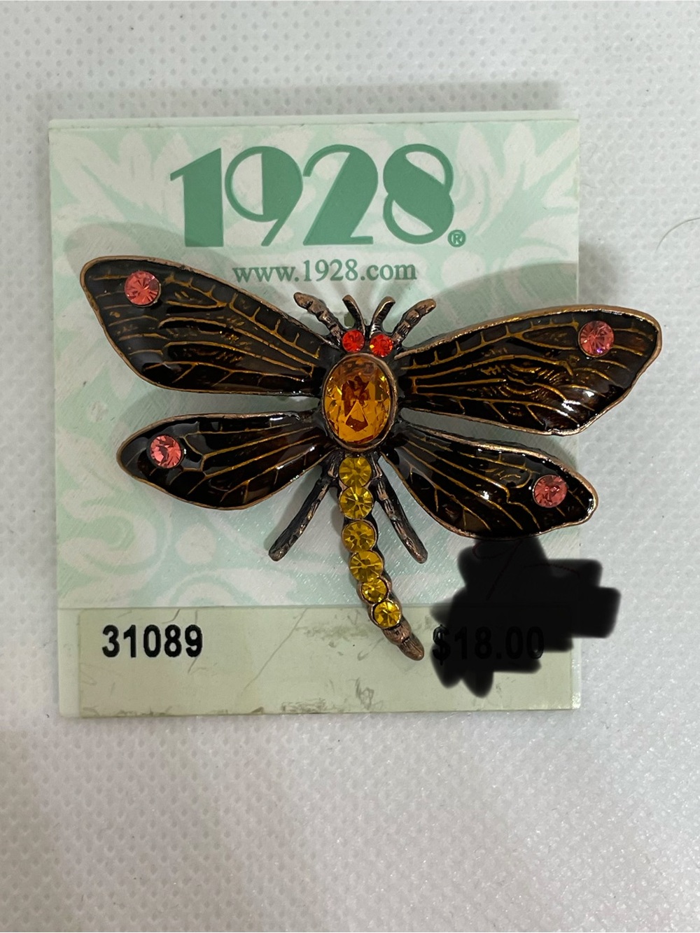 1928 Retired Bronze Dragonfly Brooch Amber/Gold Accents Original Card 2available